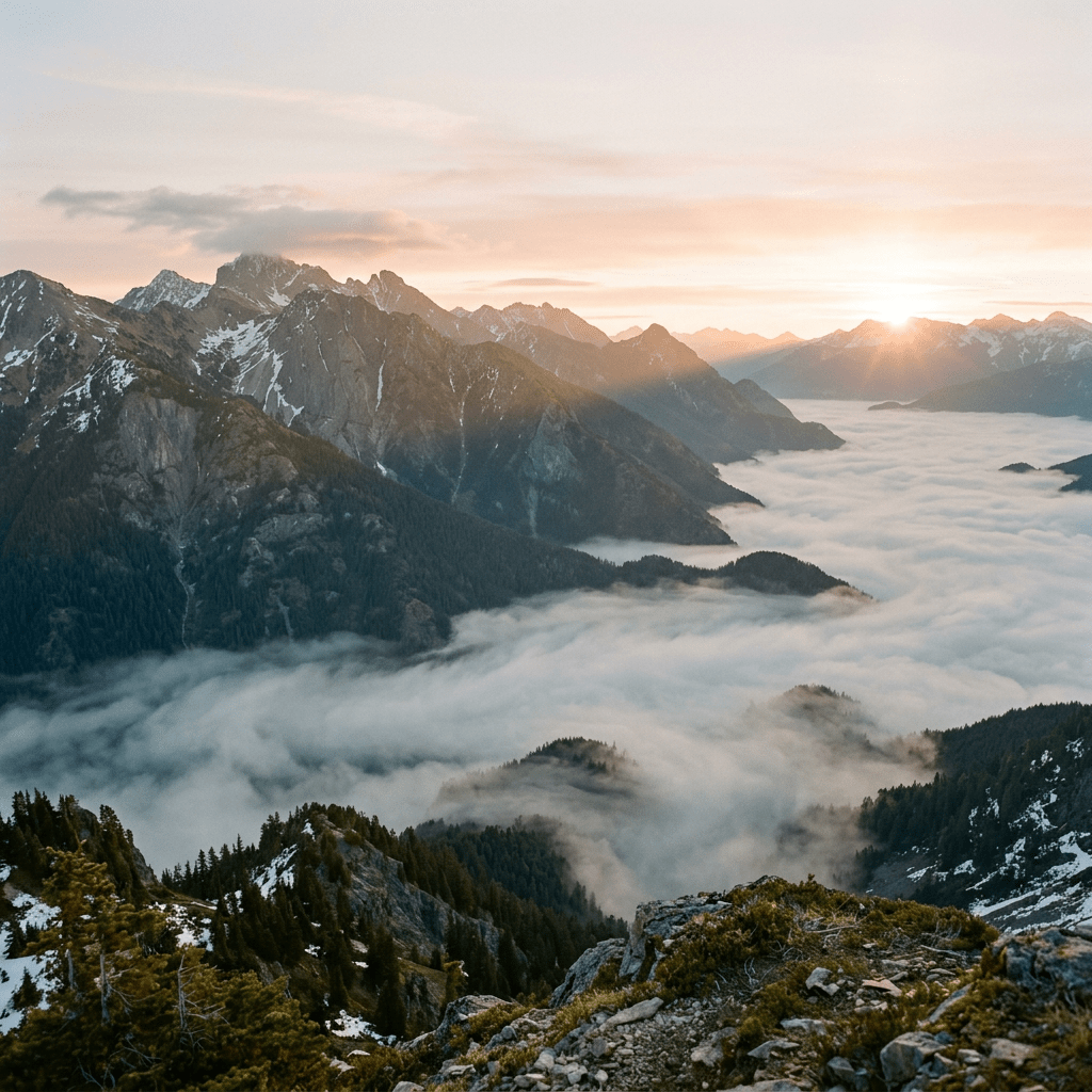 Sun rising over mountain peaks with fog filling the valley